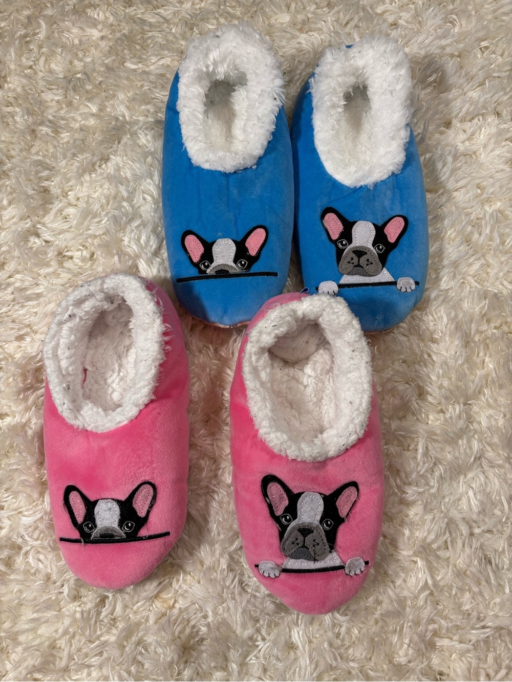 Snoozies! Playful French Bulldog Plush Slippers - Blue & Pink